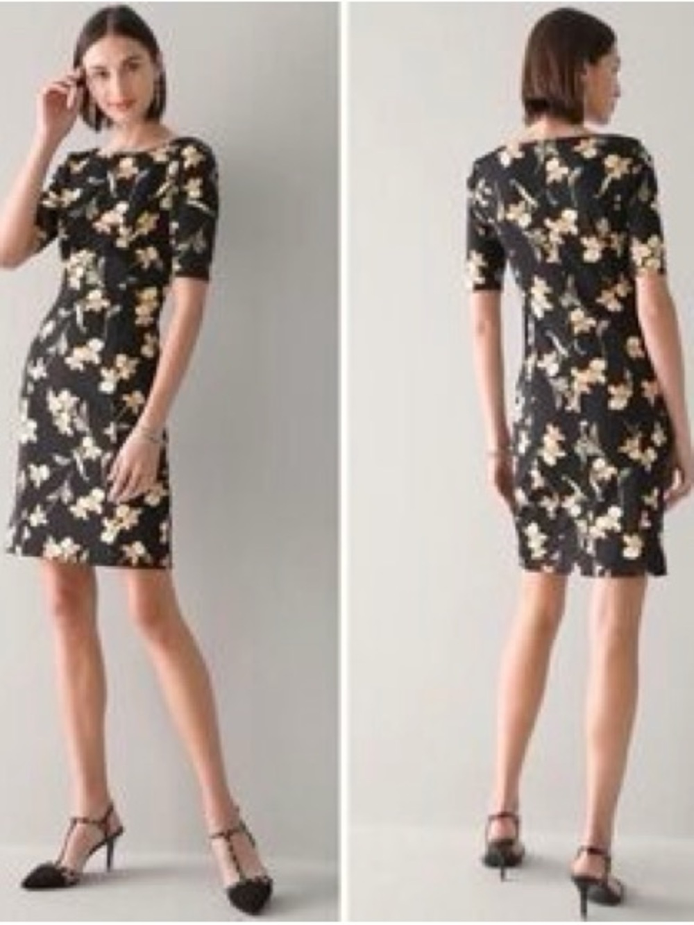 White House Black Market Black Midi Dress with Cream Floral Print
